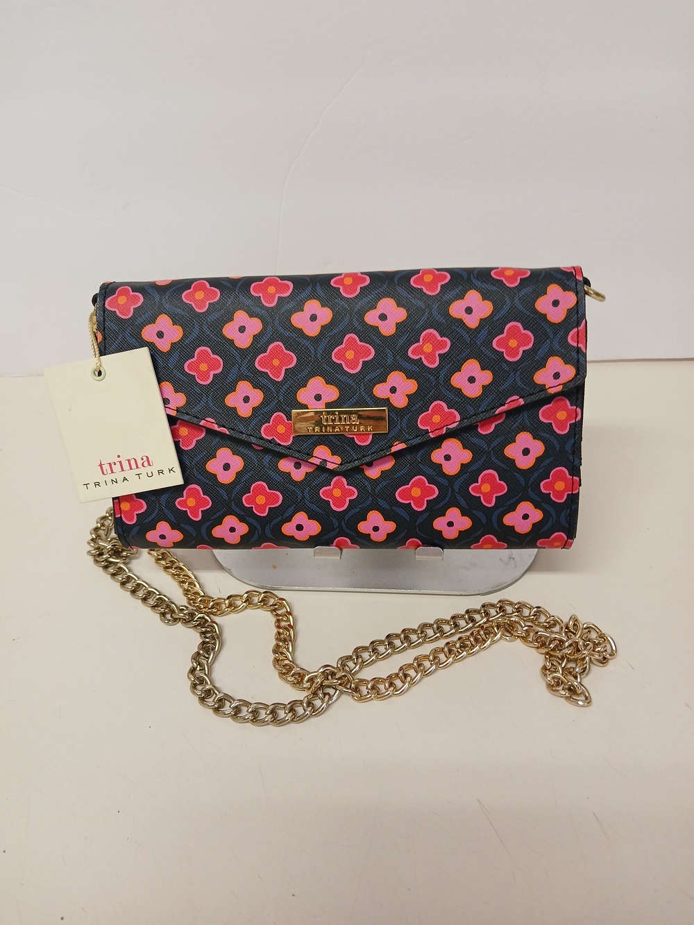 Trina Turk Navy Floral Motif Crossbody with Gold Chain